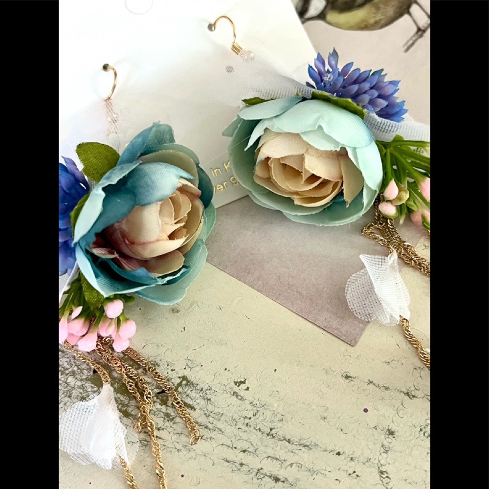 NWT Pink Teal Floral Dangle Earrings HOST PICK!!!! LAST ONE !!!! - Picture 2 of 4